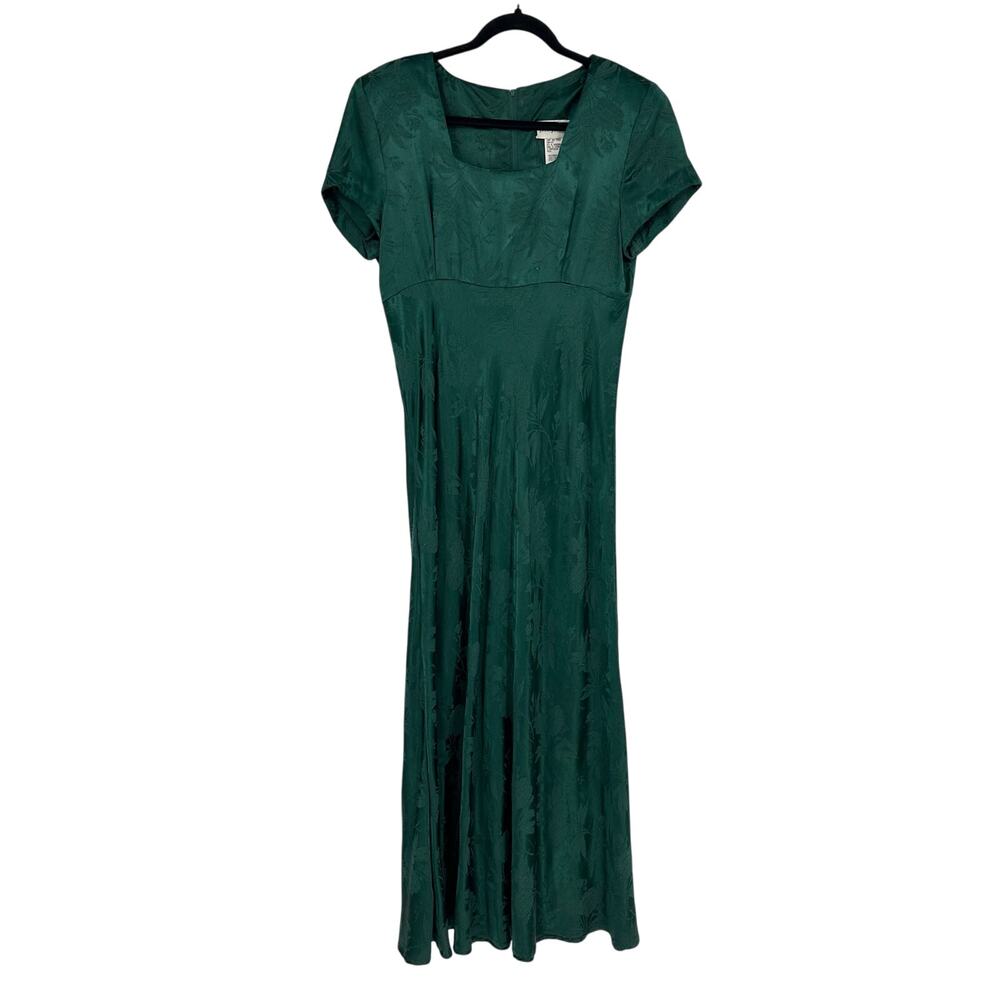 Vintage 80s Jay Jacobs Midi Satin Dress Size S Green Fit Flare Fairy Elegant